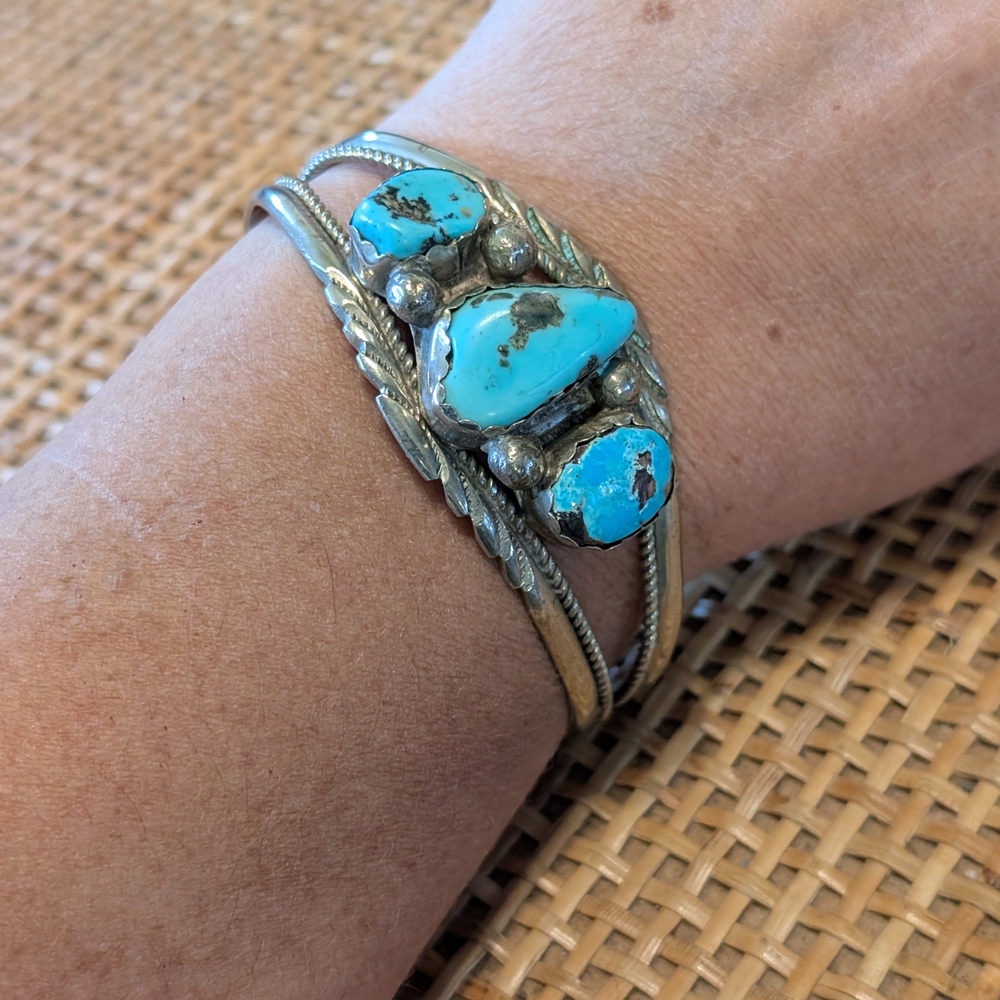 Three Turquoise Nugget Stone Stamped Sterling Silver Navajo Southwest Cuff